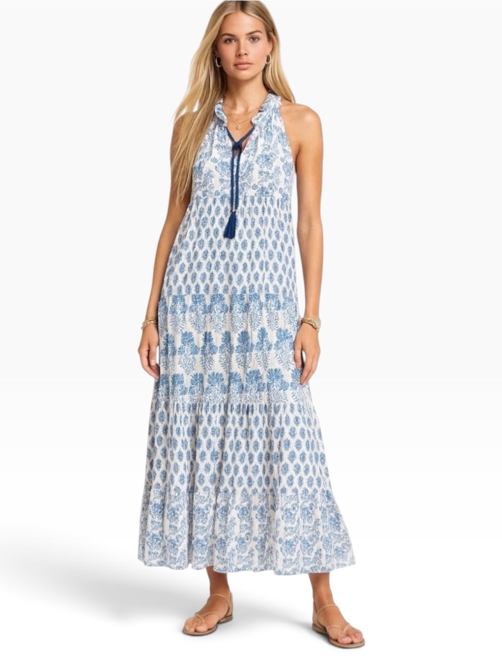Calypso St. Barth Daria Block Print Tiered Cotton Maxi Dress Blue White XS